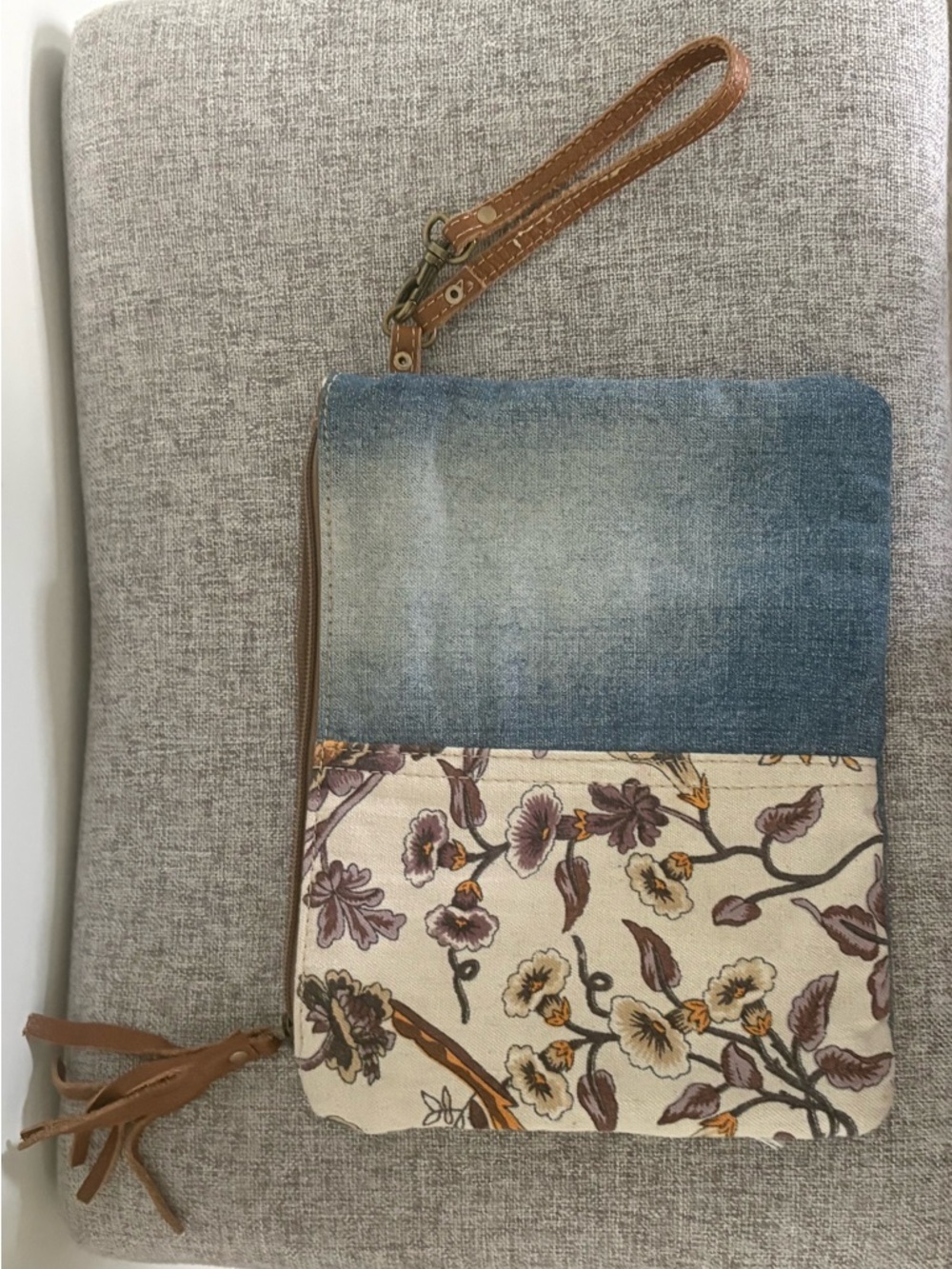 Myra Bag Floral Patchwork Denim & Brown Wristlet - Picture 2 of 5